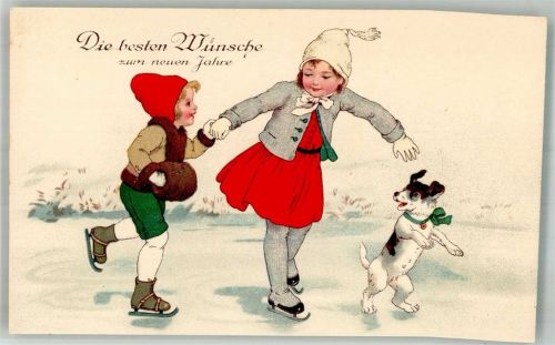 1906 - 1912 Kinder Hund Eislaufen Muff Neujahr