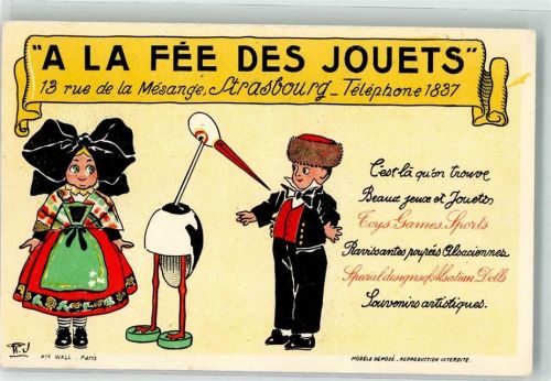 67000 Strasbourg Straßburg Lithographie A La Fee des Jouets Trachtenpaar Storch Spielzeug