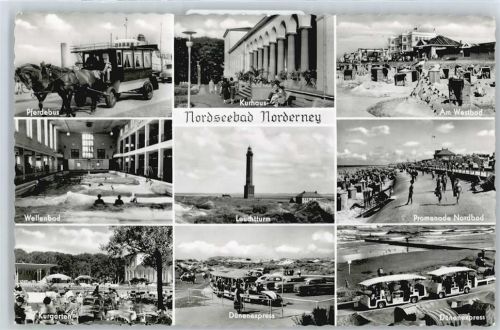 Norderney Leuchtturm, Pferdebus, Schwimmbad, Kurgarten, Kurhaus