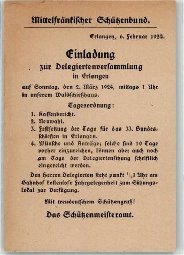 91052 W8520 Erlangen 1924 - Mittelfränkischer Schützenbund Einladung