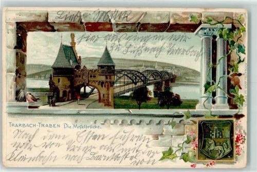 56841 W5580 Traben-Trarbach Prägedruck Moselbrücke Brückentor Wappen Finken