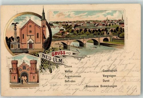 Neu-Ulm 1901 Kath. Kirche u. Kriegerdenkmal Portal der Friedenskaserne Ottmar Zieher