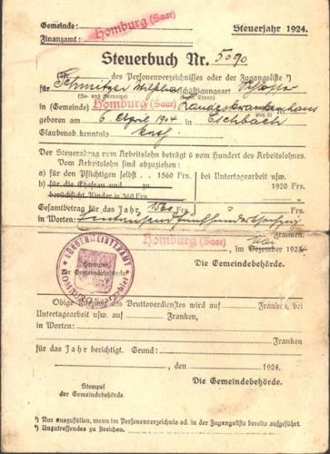 Homburg Steuerbuch Nr. der Gemeinde Homburg 1924 Ephemera; KEINE AK, ca. 30x21 cm aufgeklappt; 2x in Mitte gefaltet, eingerissen