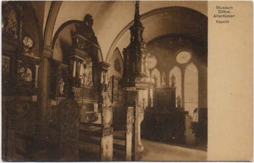 um 1920/30 Meldorf, -Museum Dithm. Altertümer Kapelle- Innenansicht mit Kanzel und Altar,Meldorfer Museum