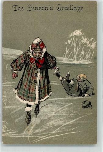 Mann strauchelt auf dem Eis während seine Frau munter ihre Kreise zieht Lithographie Hartmann 981 The seasons Greetings