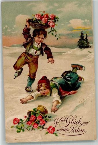 1908 Neujahr Kinder Korb mit Rosen
