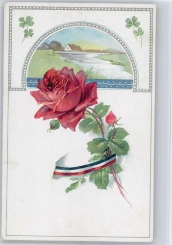 1917 Grün-weiss-rot Fahnenband - Rose - Landschaft, litho