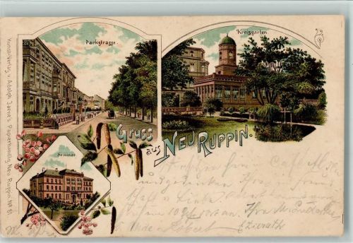 Neuruppin 1899 Gruss aus - Parkstr., Seminar, Kreisgarten AK