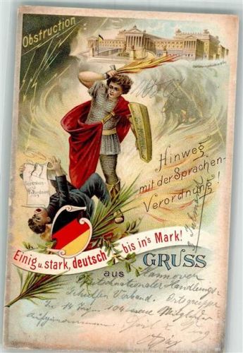1897 Hinweg mit der Sprachen-Verordnung Litho Sprachenverordnung 1897, Kasimir Felix Badeni, deutscher Michel Karikatur