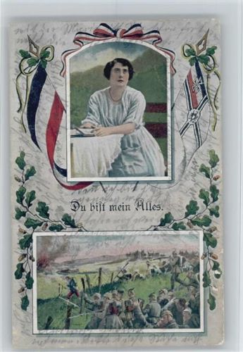 Fahnen, Soldaten kämpfen, Frau in der Heimat