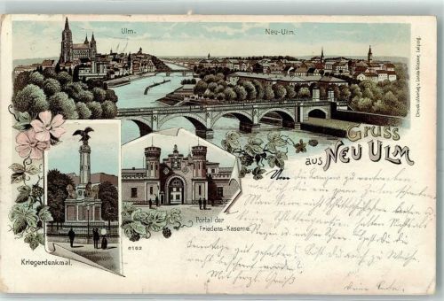 89231 W7910 Neu-Ulm 1900 Gebrauchsspuren Portal der Friedens-Kaserne Kriegerdenkmal Ulm Münster Lithographie
