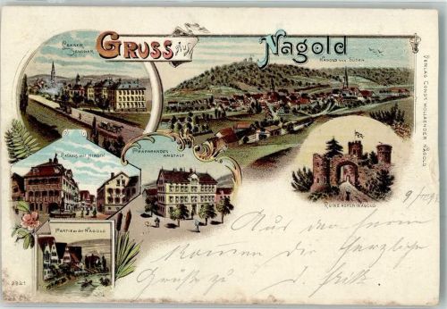 Nagold 1898 Bahnpost K. Württ.10.III.1898 ST Rathaus m. Hirsch Ruine Hohen-Nagold