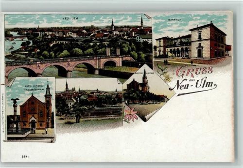 Neu-Ulm 1898 Gruss aus - Litho, Bahnhof , Kriegerdenkmal, Brücke