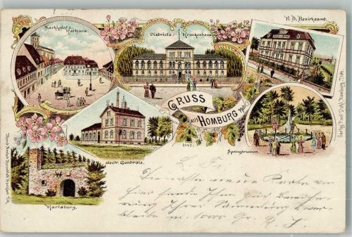 Homburg 1898 Marktplatz Rathaus Karlsburg Krankenhaus K.B. Bezirksamt