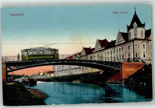 Temesvar Bega reszlet Brücke Straßenbahn Tram Schiff Boot