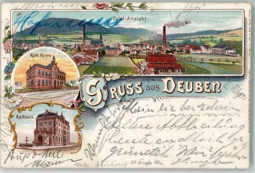 01705 O8210 Deuben 1897 Lithographie Fabrikanlagen Kath. Kirche Rathaus