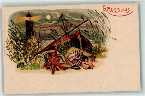 1900 Gruss aus Leuchtturm Seestern Fischerboot AK