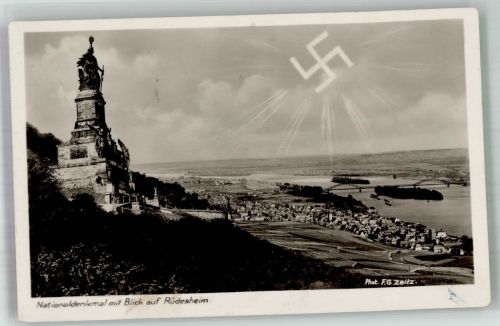 W6220 Rüdesheim am Rhein Nationaldenkmal Hakenkreuz am Himmel Aufgehende Sonne WK II 1934 Foto AK
