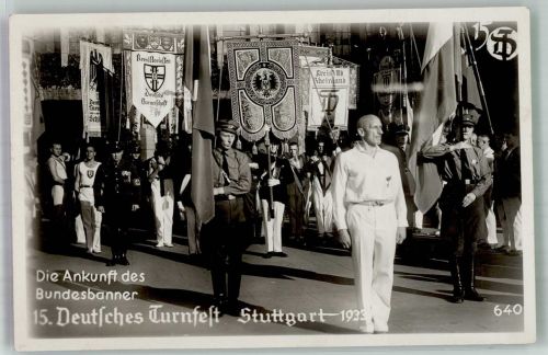 W7000 Stuttgart Ankunft des Bundesbanner 15. Turnfest Schutzstaffel SS SS Foto AK