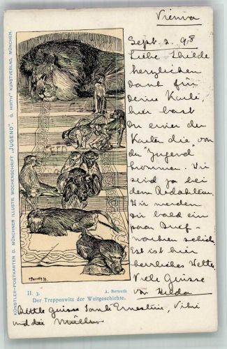 II. 3 Der Treppenwitz der Weltgeschichte von A. Bernuth , Löwe + Affen Verlag Jugend 1898 Künstlerkarte
