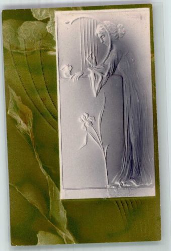 Frau mit einer Harfe Jugendstil 1899 Lithographie / Prägedruck
