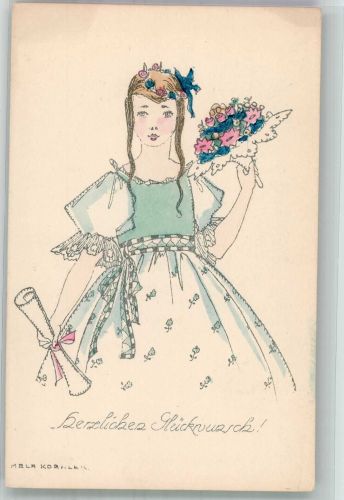 Glückwunsch Mädchen mit Blumen Koehler, Mela Künstlerkarte