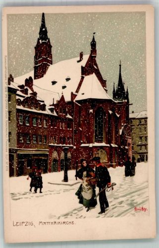 O7000 Leipzig Matthaikirche im Winter Hey, Paul 1900 Lithographie / Künstlerkarte