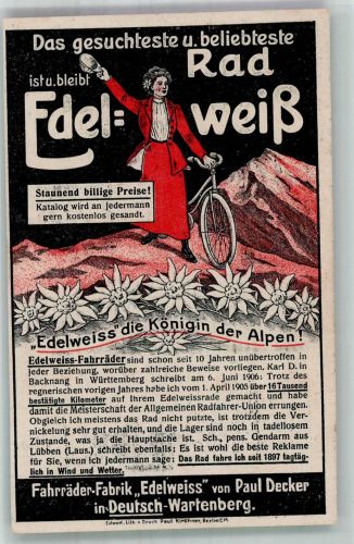 Deutsch-Wartenberg Otyn Edelweiß - Fahrrad von Paul Decker Fahrradwerbung 1906 Lithographie / Künstlerkarte