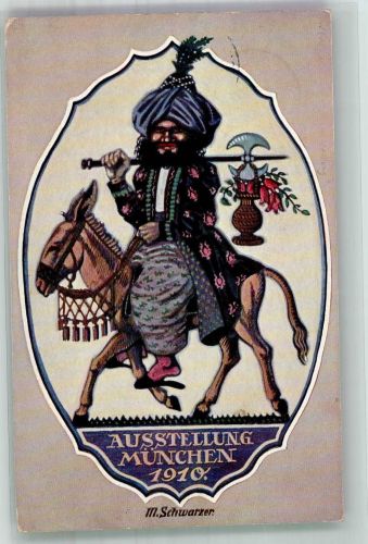 W8000 München Die Ausstellung von Meisterwerken muhammedanischer Kunst Orientale auf einem Esel sign. M. Schwarzer Kunstausstellung 1910 Künstlerkarte