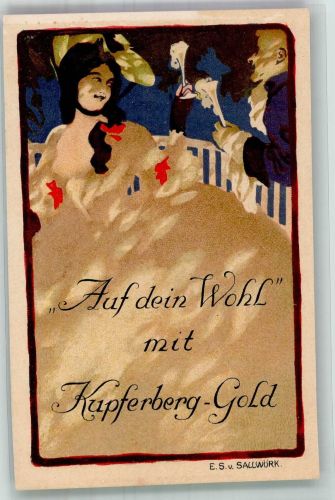 Jugendstil Werbung Kupferberg Gold sign. E.S. v. Sallwürk Sekt Lithographie / Künstlerkarte