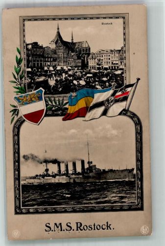 O2500 Rostock SMS Rostock Fahnen Wappen Verlag Gebr. Lempe Serie Jupiter Dess. 33 Marine WK I 1914 Foto AK