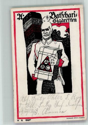 sign. Hans Rudi Erdt Soldat mit Batschari Zigaretten Plakatkünstler Zigarette 1915 Künstlerkarte