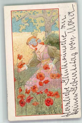Frau pflückt Mohnblumen sign. Alexandre de Riquer - Sommer Jahreszahl Jugendstil 1900