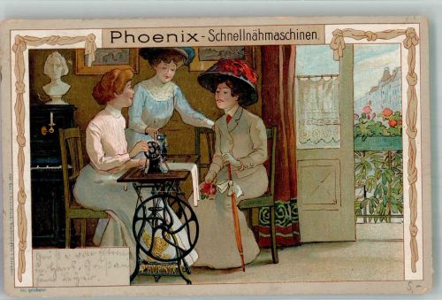 Werbung Phoenix Nähmaschine Jugendstil 1924 Lithographie / Künstlerkarte