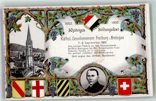 W7800 Freiburg im Breisgau 50jähriges Stiftungsfest Kathol. Gesellenverein Wappen Kolping 1900 Lithographie
