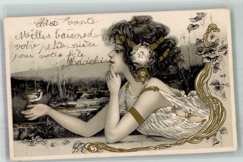 Frau mit einem Vogel auf der Hand Jugendstil 1906 Lithographie / Künstlerkarte