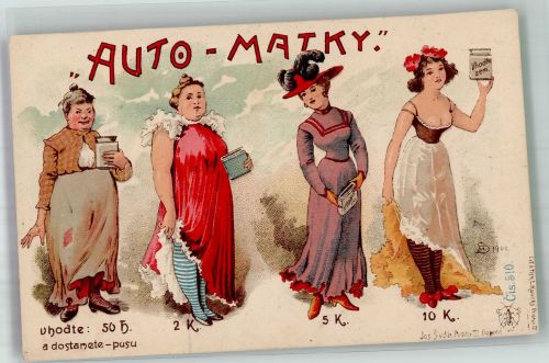 Auto - Matky Frauen werden immer jünger Sammelbüchse Erotik Jugendstil 1901 Lithographie / Künstlerkarte