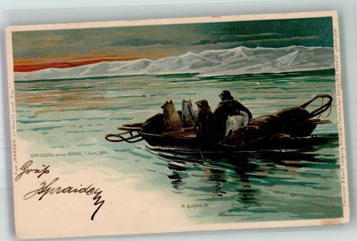 Nansen in Nacht und Eis Kreuzung einer Rinne 1895 sign. A. Goldfield Meissner u. Buch Serie 1016 Expedition Nordpol 1898 Lithographie / Künstlerkarte