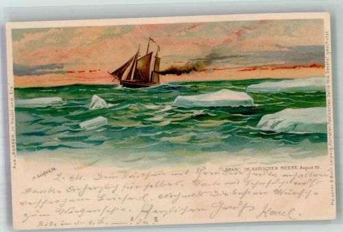 Nansen , in Nacht und Eis sign. Goldfield Schiff Fram Meissner u. Buch Serie 1016 Expedition Nordpol Lithographie / Künstlerkarte