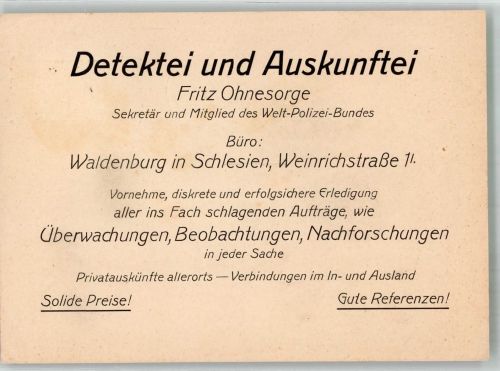 Waldenburg Walbrzych 1938 Gebrauchsspuren Dekektei und Auskunftei F.Ohneseorge Geschäftsanzeige