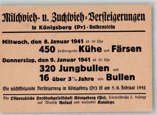 Königsberg Kaliningrad 1940 Gebrauchsspuren WK II Drucksache Ostpr. Herdbuch-Gesellschaft Zuchtvieh-Versteigerungen