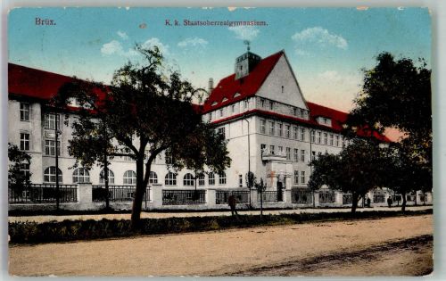 Most Brüx 1916 Gebrauchsspuren K.k. Staatsoberrealgymnasium Photochromiekarte