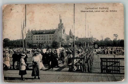 Kolberg Kolobrzeg 1917 Gebrauchsspuren Hotel Strandschloss Schwimmbad Strand Brücke Feldpost WK I