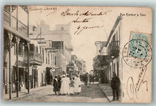 Suez 1905 Gebrauchsspuren Tracht Geschäft Rue Kormer Marke bildseitig