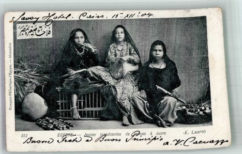 Kairo Cairo 1904 Gebrauchsspuren Marktszene Tracht Zuckerrohr Musikinstrumente Ort handschriftlich
