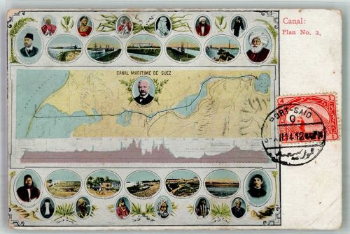 Port Said 1912 Gebrauchsspuren Suez-Kanal Plan Portrait Marke bildseitig
