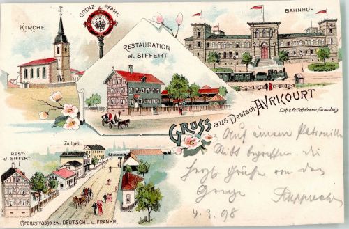54450 Avricourt 1898 Gebrauchsspuren Bahnof Kirche Grenze Gasthaus Siffert Lithographie Adelskorrespondenz