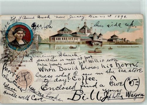 Trenton 1898 Gebrauchsspuren Portrait Columbus The Fishieries Building Ausstellung Worlds ColumbienLithographie