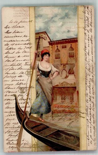 30100 Venezia 1903 Gebrauchsspuren Gondel Frau Gondeliere Lithographie