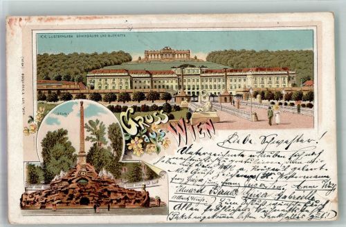 1130 Wien 13. Bezirk, Hietzing 1903 Gebrauchsspuren K.K. Schloss Schönbrunn Denkmal Obelisk Lithographie